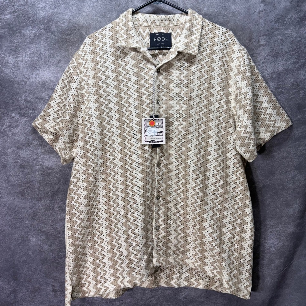RODE SRF SK8 Crochet Yarn Dye Button Down Shirt Mens XL Tan Retro Surfer Beach
